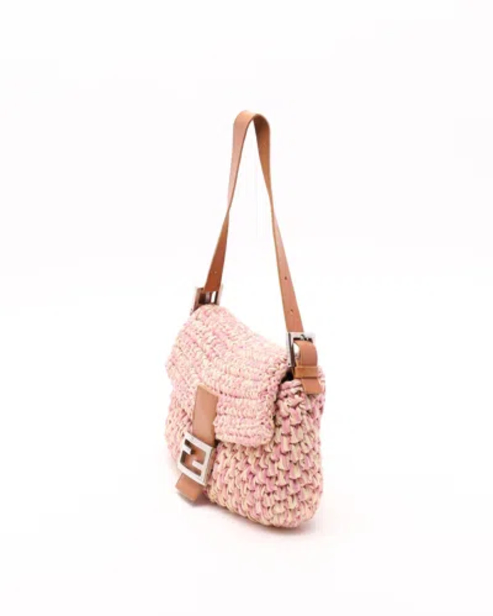 Fendi Pink Crochet Raffia Baguette Silver Hardware Leather Trim Authentic - Picture 2 of 10